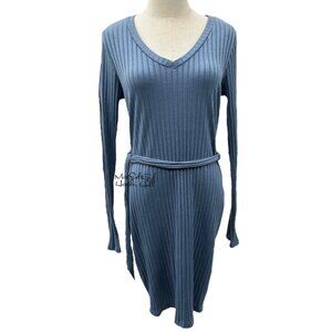 Pink Lily Blue Ribbed Knit Long-Sleeve Belted V-Neck Dress Size Large